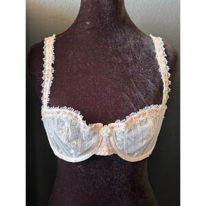 French Chantelle 36B Vintage Pink Sheer Floral Lace Demi Bra Made in France RARE
